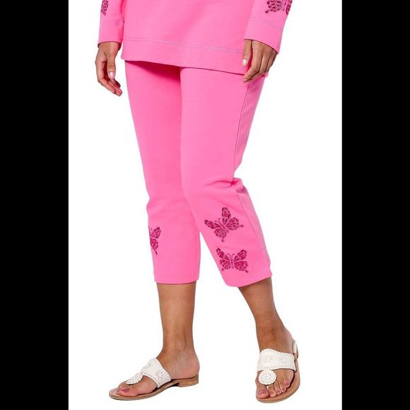 Quacker Factory Eyelet Elegance FrenchTerry Crop Pant Azalea/Butterfly - Regular - Picture 1 of 1